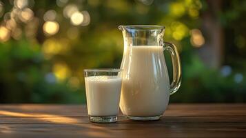 Close-up of milk in glass and jug on wooden table photo