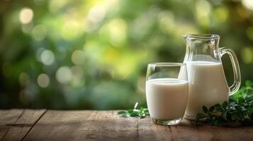 Close-up of fresh milk in glass and jug on table photo