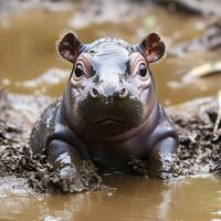 Playful baby hippo rolling in mud by the riverbank photo