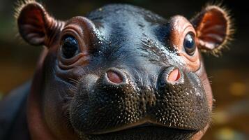 Adorable baby hippo with tiny smile and curious big eyes photo