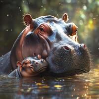 Mother and baby hippo cuddling peacefully in tranquil river environment photo