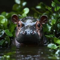 Adorable baby hippo with droplets, surrounded by lush green vegetation photo