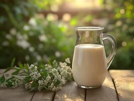 Close-up of milk in glass and jug with blurred greenery photo