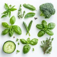 Healthy Green Vegetables and Fresh Herbs on Clean White Surface photo