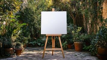 Blank Canvas on Easel Surrounded by Nature in Garden Setting photo