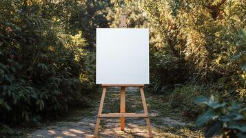 Realistic Photo of a Blank Canvas on Easel in Garden
