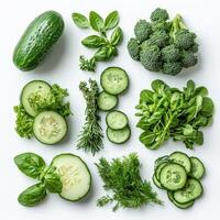 Assorted Green Vegetables and Herbs Ideal for Flavorful Dishes photo