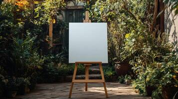 Blank Canvas on an Easel in a Peaceful Garden Outdoors photo