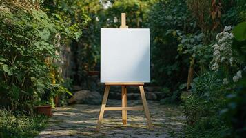 Blank Canvas on an Easel Set in Outdoor Garden Scene photo