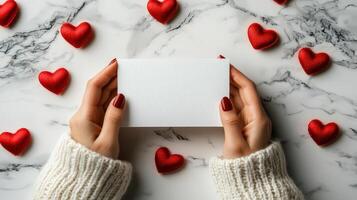 Hands holding blank card among soft textures, red hearts scattered photo