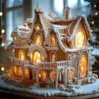 Intricate details of a decorative gingerbread house with warm glowing lights photo