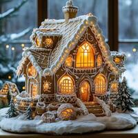 Festive gingerbread house with intricate details and warm, inviting lights photo