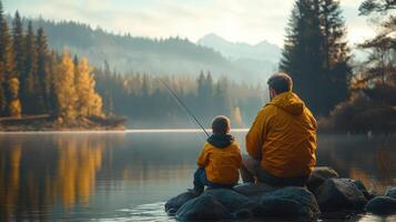 Side View Portrait of Dad and Son Fishing Peacefully photo