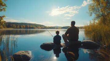 Realistic Fishing Scene with Father and Son on Rocks photo