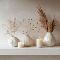 Photorealistic Interior with Decorative Candles and Vases on Shelf photo