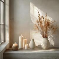 Stylish Minimalist Wall with Warm-Toned Candles and Vases Display photo