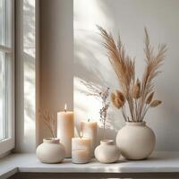 Sophisticated Minimalist Interior with Decorative Elements and Studio Lighting photo