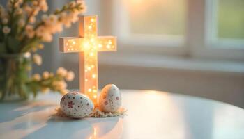 Easter eggs in the form of a cross on the background of a Christian cross. photo