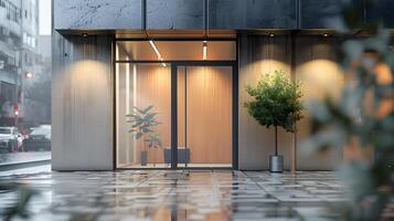 3d rendering of a modern office building with glass doors and windows photo