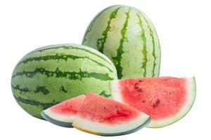 A close-up image of a whole watermelon with a slice on a white background for summer refreshment ideas. photo