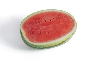 A slice of watermelon is shown on a white background photo