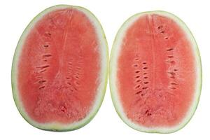 Halved juicy ripe watermelon showing vibrant and fresh red interior, top view photo