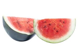 Two fresh juicy watermelon halves cut and displayed on a white background photo
