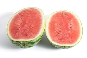 Freshly cut watermelon halves on white background, top view photo