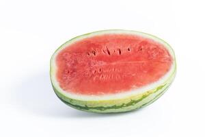 Freshly sliced ripe watermelon on a clean white background, closeup photo