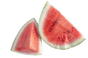 Two slices of watermelon are shown on a white background photo