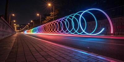 A long-exposure light painting with neon streaks, showcasing smooth, flowing lines with a sharp photo