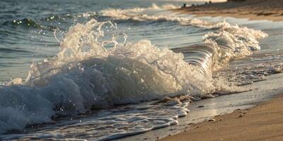 A wave crashing onto a sandy shore, capturing the dynamic motion of water, individual droplets photo