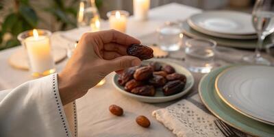 A shot of a hand holding a date, about to break the fast at Iftar, with a softly lit dining table photo