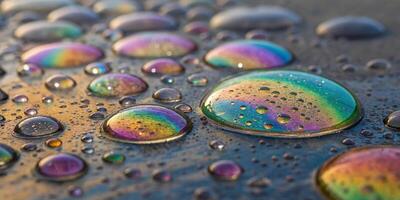 Oil droplets on water forming colorful, iridescent patterns, with a macro perspective and high photo