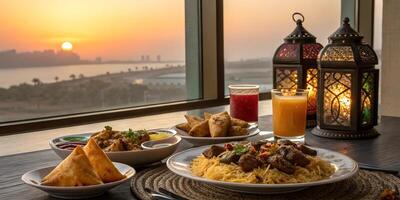 A warm sunset glow filters through a window, illuminating a table set for Iftar with steaming lamb photo