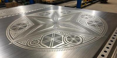 A metallic surface with laser-etched geometric patterns, creating depth and futuristic appeal. photo