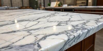 A marble surface with intricate veining patterns, showcasing white and gray swirls with a glossy photo