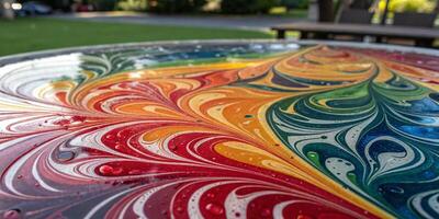 A swirl of vibrant paint on a glass surface, forming intricate fluid patterns with glossy photo