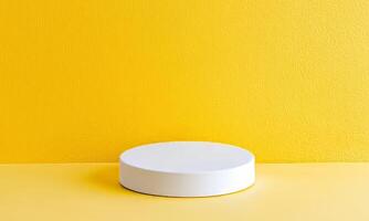 Empty white oval podium on a bright yellow background. photo