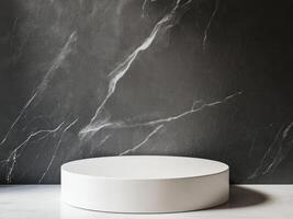 A white podium on a smooth black marble background. photo