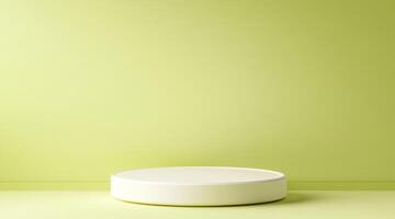 A white oval podium on a pastel green background. Soft rays of light behind. Minimalistic product presentation scene. photo