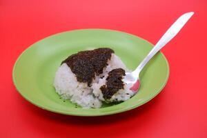 Rice with Dried Seaweed Topping on a Green Plate, Isolated on Red Background photo