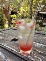 Refreshing Iced Lemonade with Red Syrup in Garden Setting photo