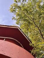 Red Building and Tree Against Blue Sky photo