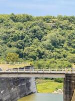 Scenic Bridge Over River with Lush Forest Background. Bajulmati Dam Situbondo photo