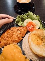 Crispy Fried Chicken katsu Meal with Latte photo