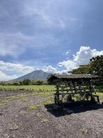 Scenic Mountain View with Rustic Wooden Structure. Baluran National Park Situbondo. photo