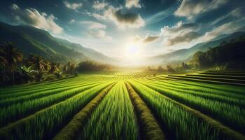 A beautiful landscape with rice fields and mountains photo