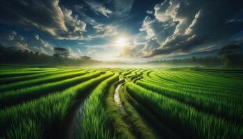 A beautiful green rice field with the sun shining through photo