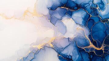 Blue and Gold Abstract Fluid Art with Golden Veins photo